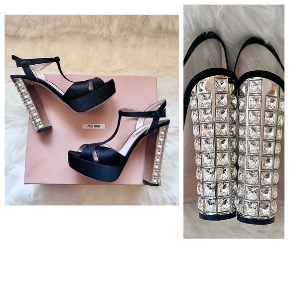 Miu Miu Shoes - MIU MIU Crystal Embellished Satin Wrap Around Platform Sandals